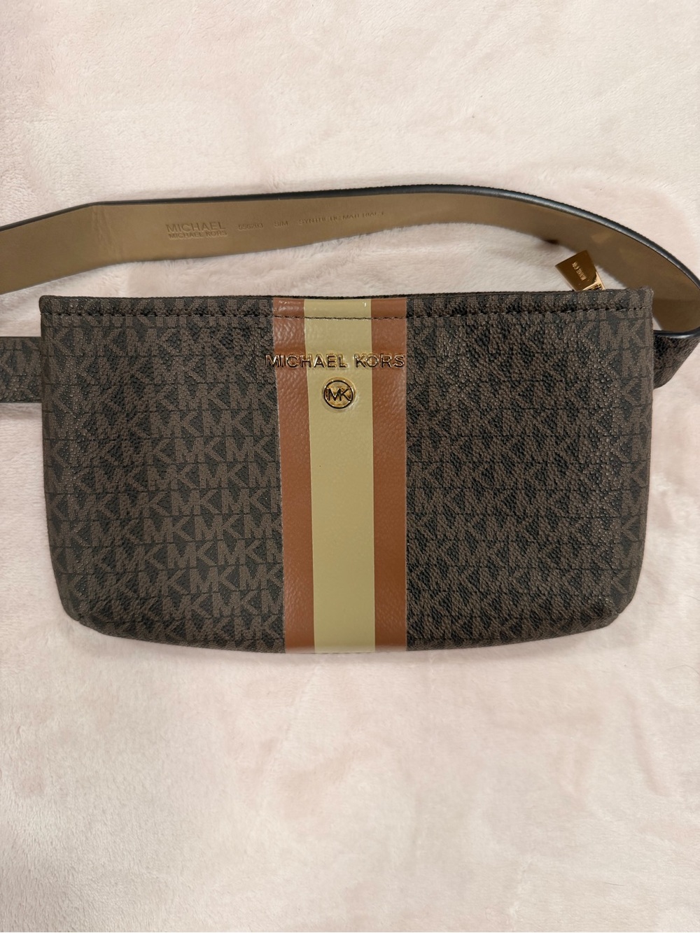 Michael Kors Brown Signature Stripe Belt Bag with Tan and Cream Center Stripe